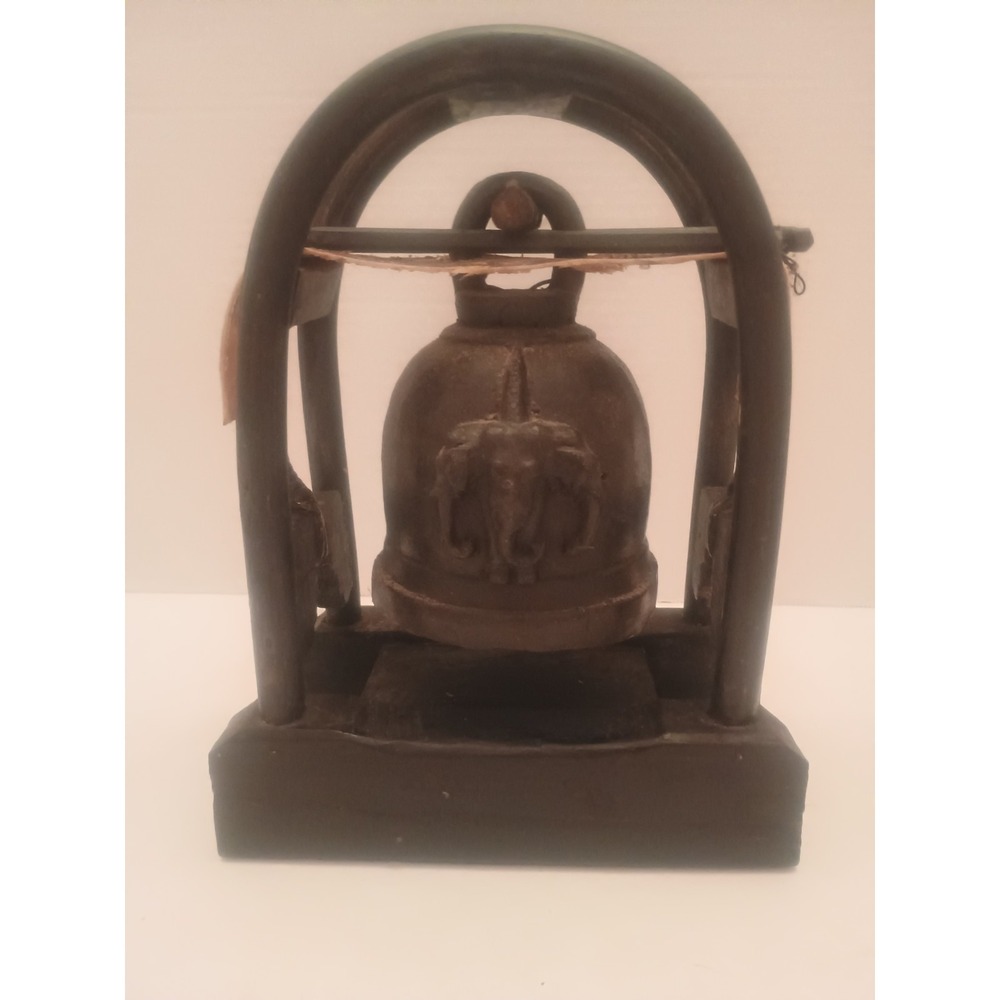 Antique Karen Hill Tribe Bronze Elephant Bell W/ Thailand Burma Bentwood Stand